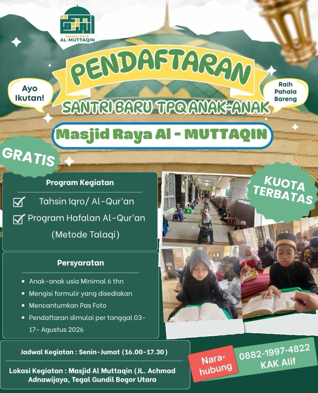 Pendaftaran Santri Baru TPQ Anak-Anak Masjid Raya Al-Muttaqin
