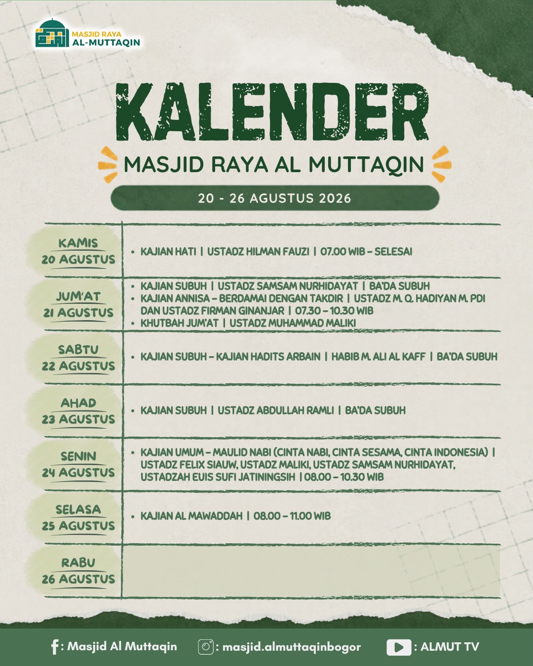 KALENDAR MASJID RAYA AL MUTTAQIN 20-26 AGUSTUS 2026