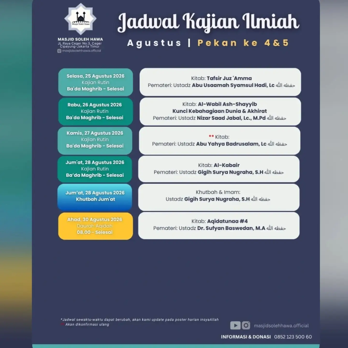 Jadwal Kajian Ilmiah Masjid Soleh Hawa