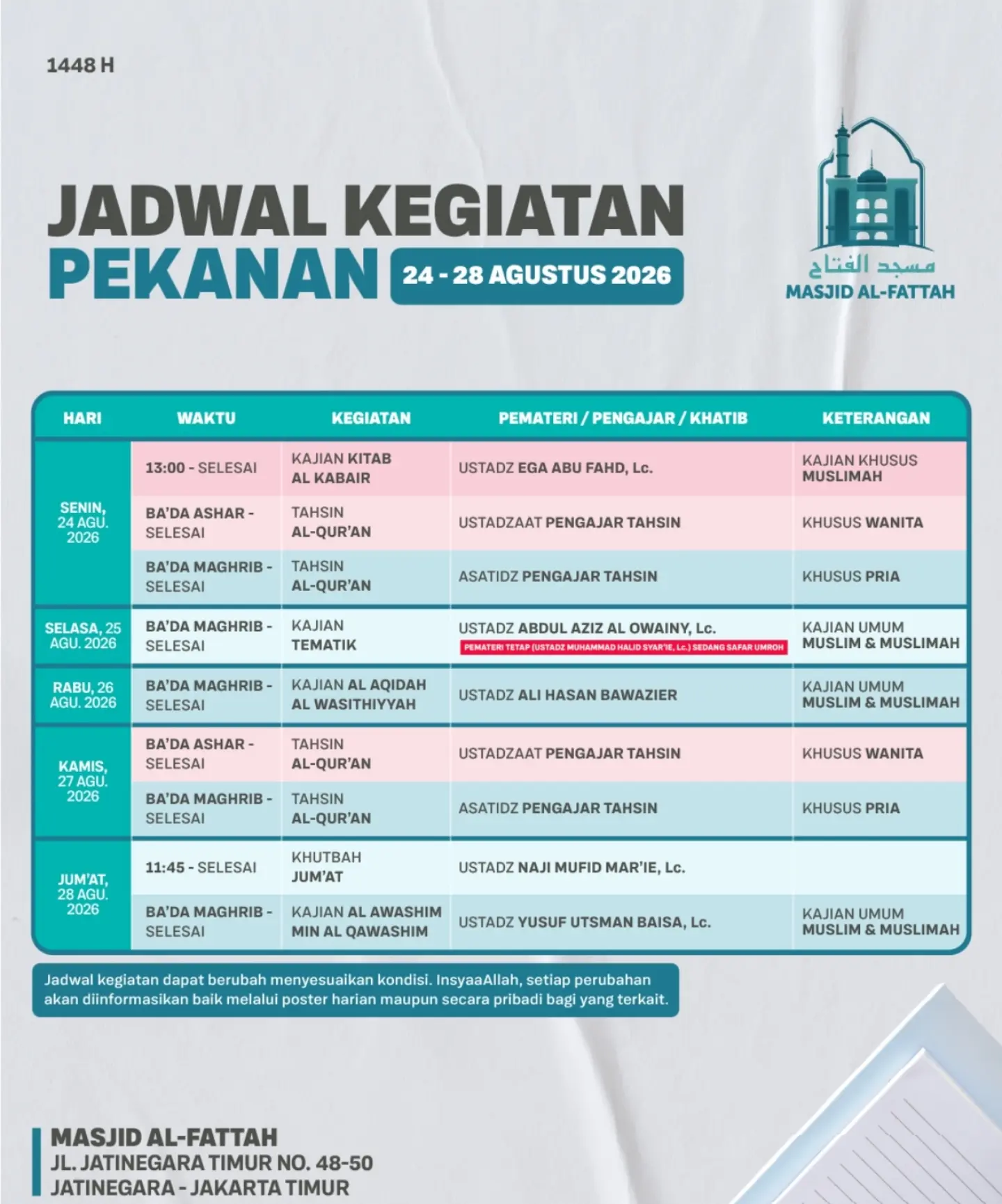Jadwal Kegiatan Pekanan Masjid Al-Fattah