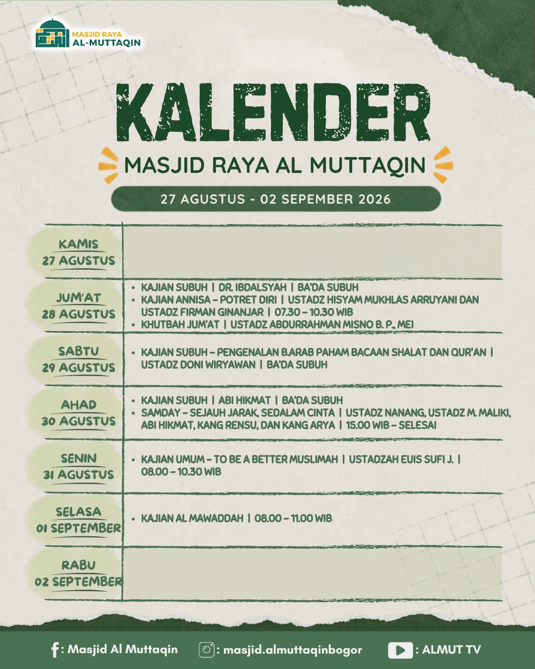 Kalender Masjid Raya Al Muttaqin 27 Agustus - 02 September 2026