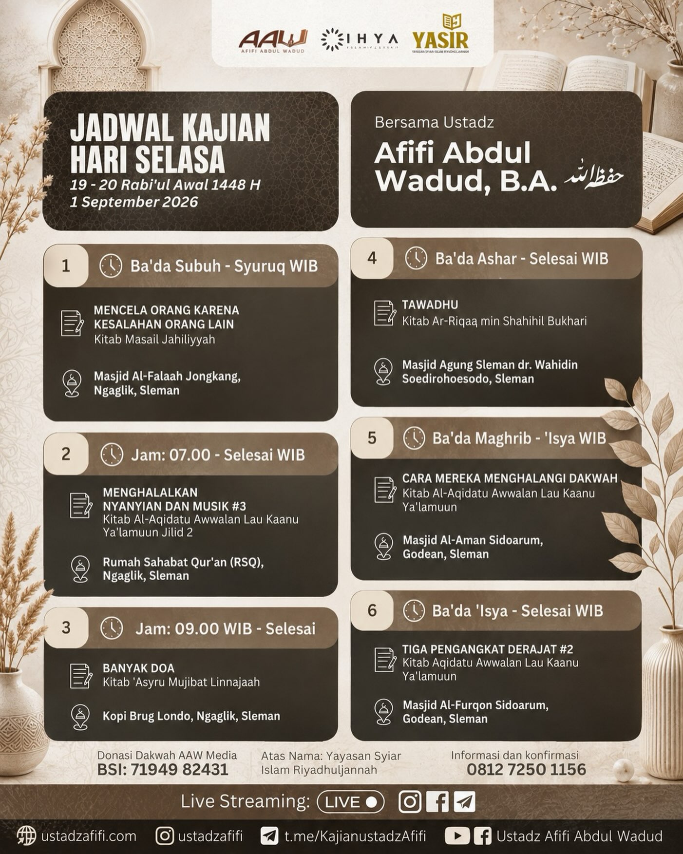 JADWAL KAJIAN HARI SELASA – 19-20 Rabi'ul Awal 1448 H / 1 September 2026