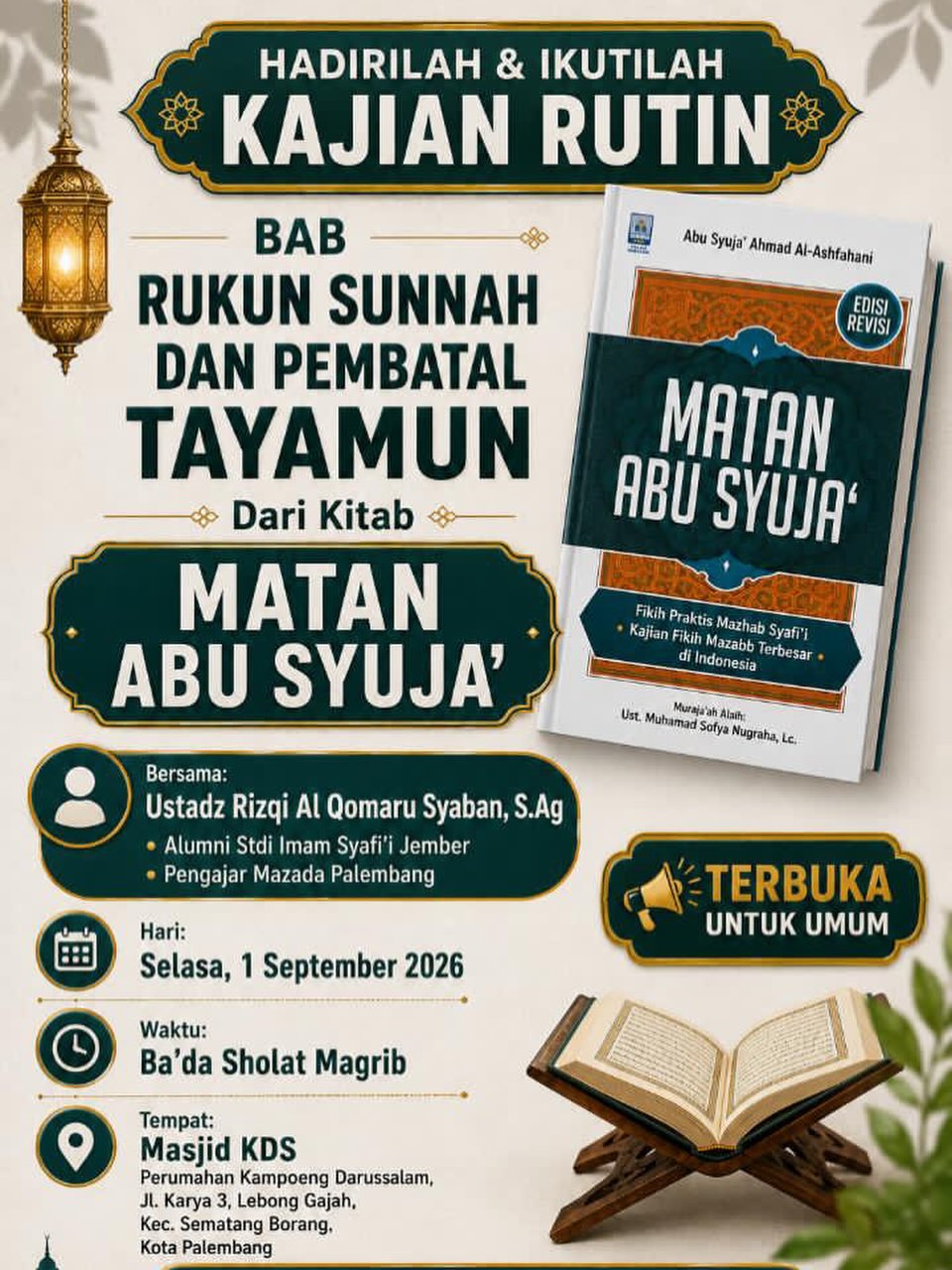 Kajian Rutin: Bab Rukun Sunnah dan Pembatal Tayamun dari Matan Abu Syuja’