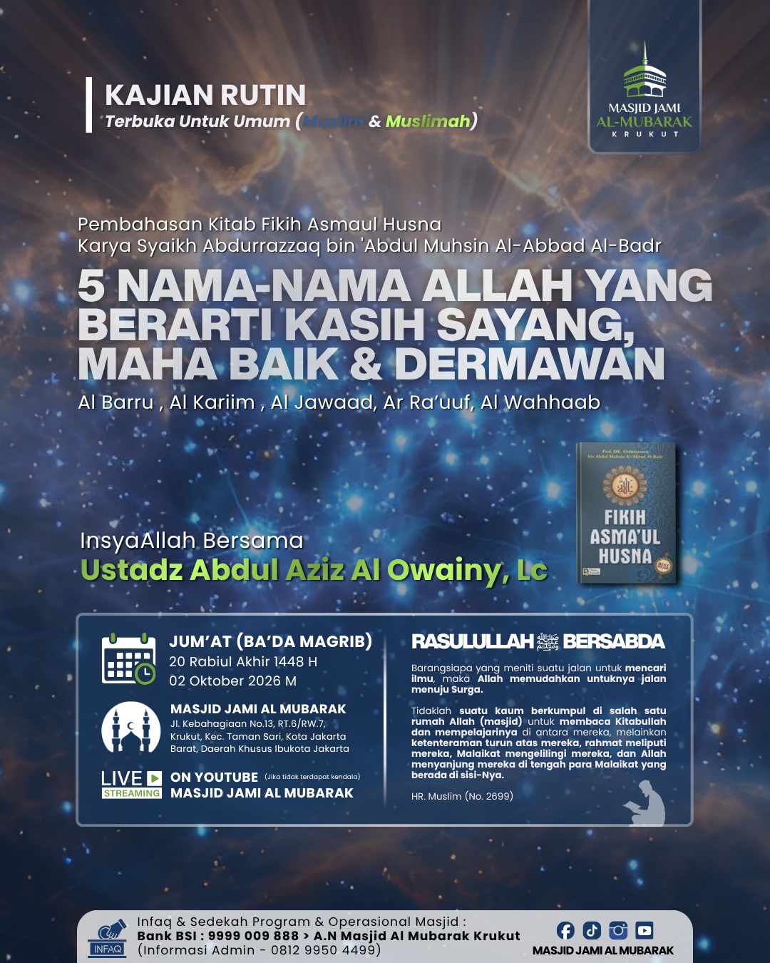 KAJIAN KITAB RUTIN: 5 nama-nama Allah yang berarti kasih sayang, Maha Baik & Dermawan