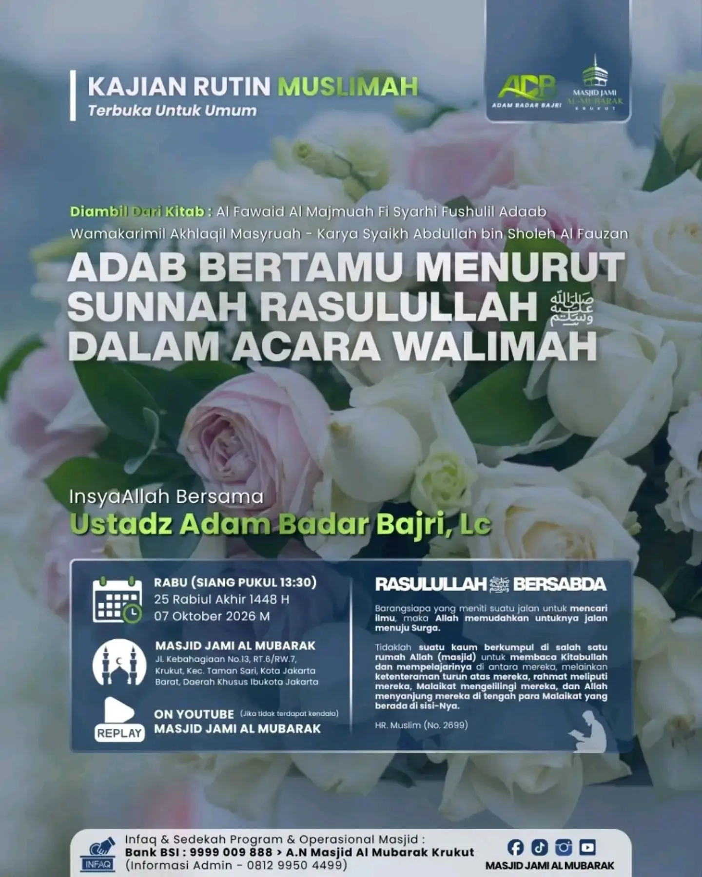 KAJIAN MUSLIMAH : Adab Bertamu Menurut Sunnah Rasulullah ﷺ dalam Acara Walimah